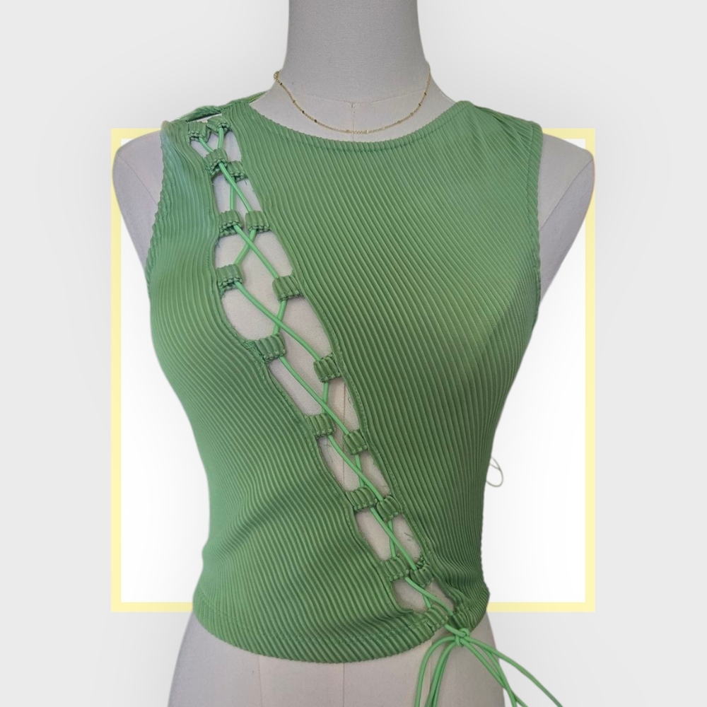 Green Lace-Up Ribbed Top - Picture 2 of 6